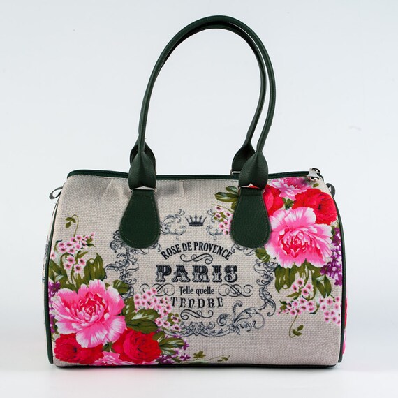Paris Fabric Bag with Green Vecan Leather Floral Printed