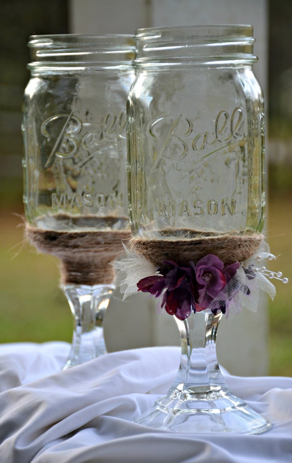 Mason Jar Wedding His & Her Wine Glasses