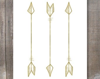 Printable Wall Art, 3 Gold Arrows #4, Tribal Arrow Print, Size 8x10