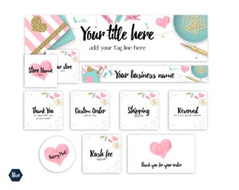 New Etsy banner - 14 piece Etsy branding package - Cohesive store graphics - Styled digital photography - Editable etsy branding PSD file.