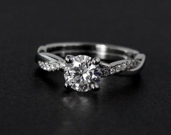 Forever One Moissanite Ring - Twisted Vine Band - Engagement Ring, Modern Bride - Round Brilliant Cut