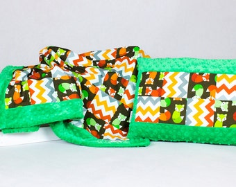 Baby Quilt Blanket, Patchwork, Overlay, Throws, Pillow, Set Fox, Green, Minky, Light Blanket, stroller, buggy, crib baby quilt handmade