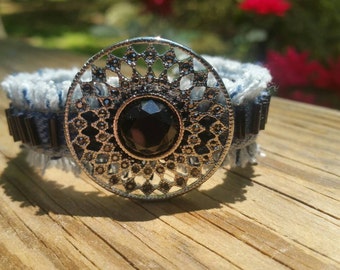 Denim and Marcasite Frayed Bracelet with Black Bugle Beads