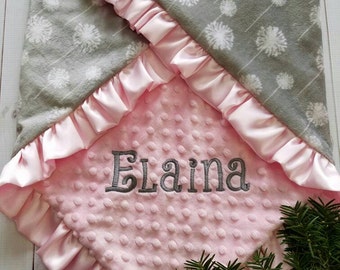 Gray and Pink Baby blanket, Personalized Minky Baby Blanket, Personalized Baby Blanket girl, Dandelion Print Baby Blanket, Baby Girl Blanket