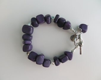 Chunky Purple Stone Beaded Bracelet with Silver Clasp