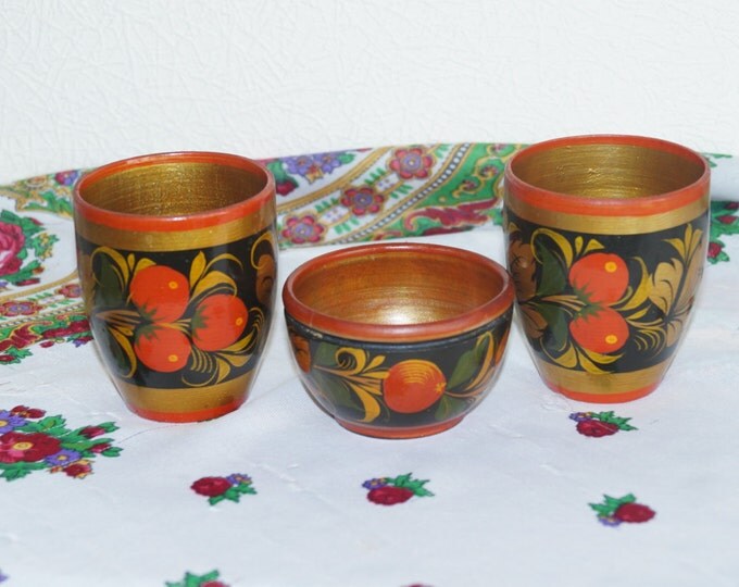 Russian vintage, wooden cups, Khokhloma painting