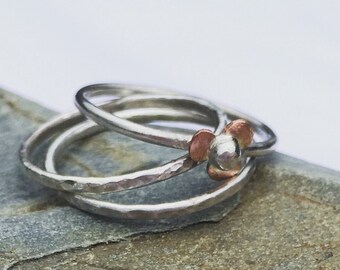 Mixed Metal Flower Stacking Ring set, Stackable Rings, Sterling Silver Rings, Flower Ring, Copper Ring, Set of Three Rings, Flower Jewellery