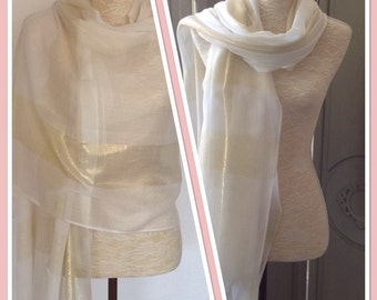 Cream Ivory Gold Lurex Sheen Stripe Pashmina Shawl Wrap Scarf Weddings, Proms Gift Idea Extra Long/Extra Wide