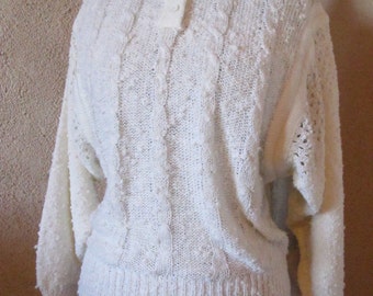 1980s Vintage LeRoy Knitwear White Sweater Size Medium White Crochet Sweater