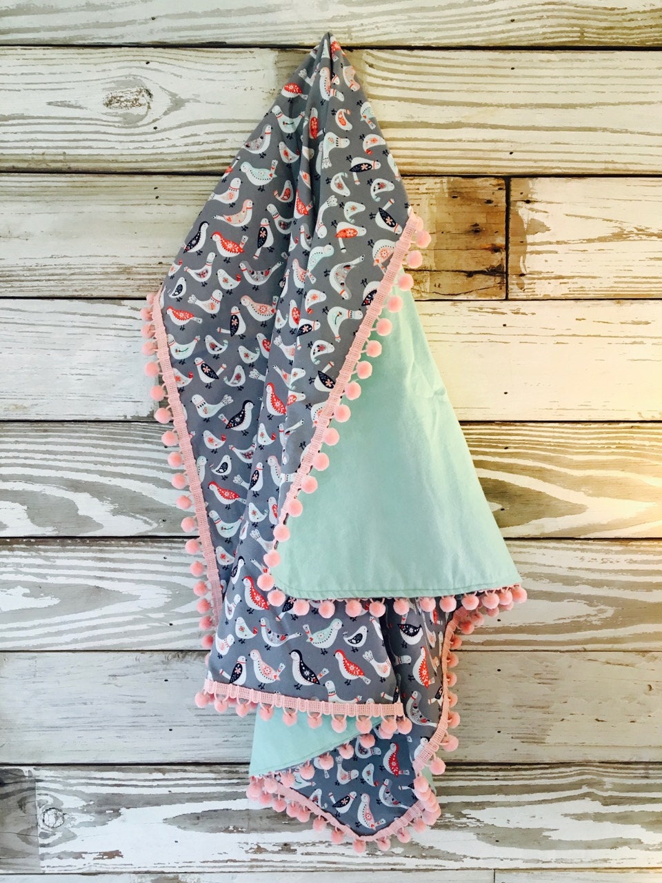 Baby Blanket with Birds and Poms