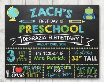 Boy Printable First Day of School Sign First Day of Preschool Chalkboard Sign Printable Kindergarten Sign Back to School Photo Prop 11 x 14