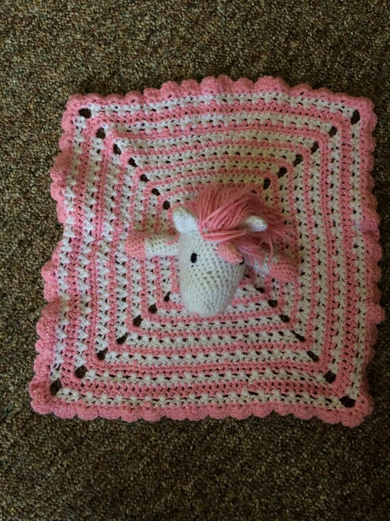 Unicorn lovey security blanket crochet by FoxandDinoHandmade