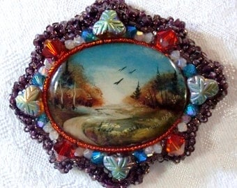 Brooch: Hand-Painted Fall Landscape on Mother-of-Pearl; Fire Opal, Sand Opal AB, & Blue Zircon Swarovski Crystal; Vintage Czech Glass Beads