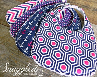 Baby Bib Set - Navy and Bright Pink
