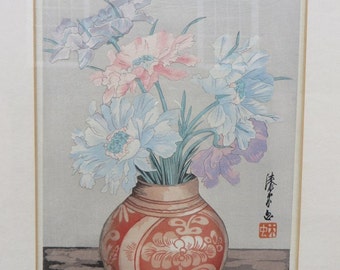Yoshijiro Urshibara Peonies Woodcut Print