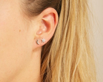 Tiny moon earrings - sterling silver stud earrings - tiny stud earrings - stars and moon - zodiac jewelry - moon earrings - moon - A10703