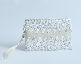 7" Bridesmaids Clutch Bag Bridesmaid Purse Wedding Pouch Natural Linen with Lace Wristlet Small Pouch