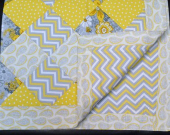 Yellow and Grey Paisley and Chevron Quilt