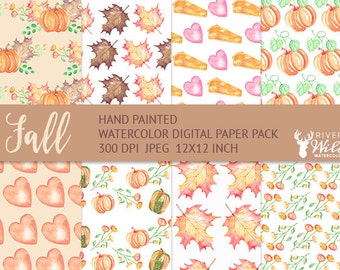 Fall Digital Paper Pack, Watercolor Hand Painted Fall Digital Graphics, JPG, Commercial Use Art, Fall Pumpkin Leaves Foliage Pumpkin Pie Art