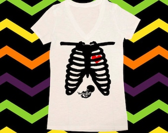 Skeleton Shirt, Maternity Skeleton Shirt, Halloween Shirts, Womens Halloween Shirts, V-Neck, Skeleton Maternity Shirt
