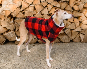 Italian Greyhound Red Black Lumberjack Check Fleece Dog Sweater. Dog Clothing. Italian Greyhound Clothing. Coat. Dog Apparel.