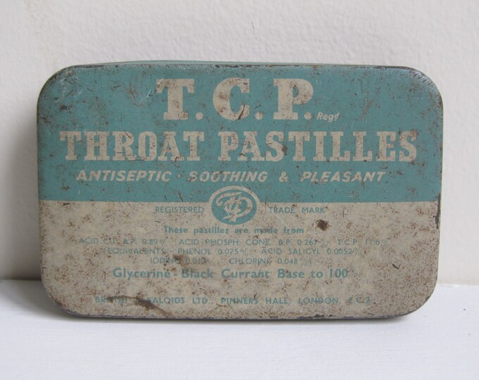 Vintage metal tin - collectable box - T.C.P. Throat Pastilles: antiseptic, soothing and pleasant. Mint Blue white tin lithographed