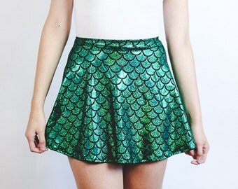 Green Mermaid Scale Skater Skirt Mermaid Skirt Holographic Metallic Skirt Mermaid Halloween Costume Women's Costume Green Skirt Scale Skirt