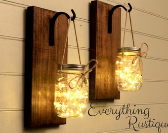 Mason Jar Lanterns, Mason Jar lights Set of 2, Rustic Mason Jar, Wall Sconces, Shabby Chic, Rustic Decor