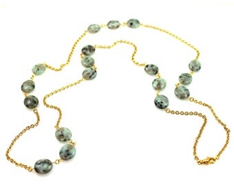 Long Blue Necklace, Long Sesame Jasper Necklace, Long Gemstone Necklace, Blue Gemstone Necklace, Sesame Jasper Jewelry, Gold Jasper Necklace