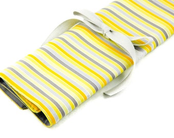 Large Knitting Needle Case Organizer - Yellow Matters - 30 gray pockets for circular, straight, dpn, or paint brushes