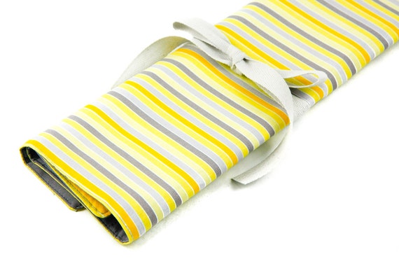Large Knitting Needle Case Organizer - Yellow Matters - 30 gray pockets for circular, straight, dpn, or paint brushes