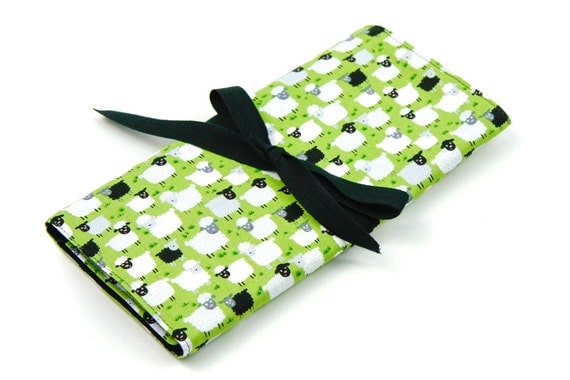 SHORT Knitting Needle Organizer Case - Jolly Sheep - 24 black pockets for circular, double pointed, interchangeable or travel