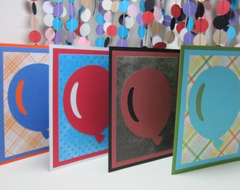 Birthday Balloon Card Set of 4 - blue pink red orange black - plaid - dots - birthday assortment