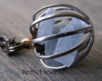 Blue Aventurine Necklace, Raw Crystal Necklace, Gemstone Cage Pendant, Quartz Crystal, Gemstone Jewelry, Natural Stone, Gun Metal Chain