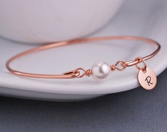 Rose Gold Bracelet, Personalized Pink Rose Gold Pearl Jewelry, Gold Bangle Bracelet, Swarovski Pearl Bracelet, Bridesmaid Jewelry