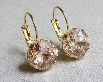 Swarovski Crystal Dangling Earrings, Blush Pink Leverback Earrings, Pale Rose Gold Earrings, Cushion Rhinestone Earrings, Bridesmaids Gifts