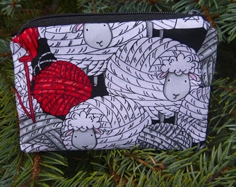 Knitting coin purse, gift card pouch, stitch marker pouch,Skeins of Sheep, The Raven
