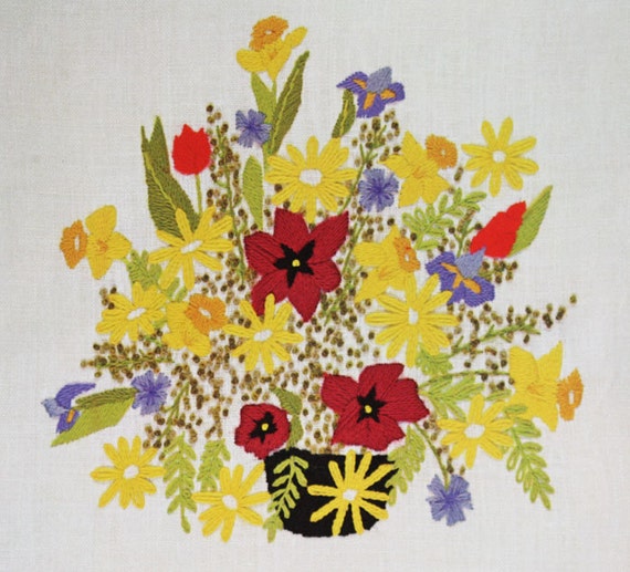 Crewel Embroidery Kit Vintage 70s Stamped Linen Flower