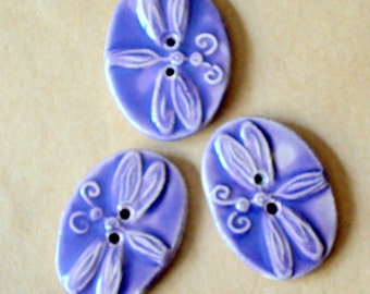 3 Big and Bold Handmade Ceramic Dragonfly Buttons - Sweet Lavender Stoneware Dragonflies