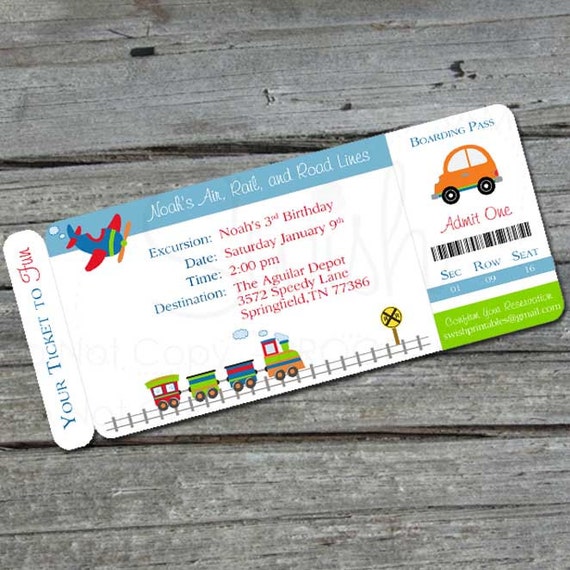 Transportation Birthday Invitation - Boarding Pass Invite - Planes, trains and automobiles, cars, airplane digital file Il_570xn