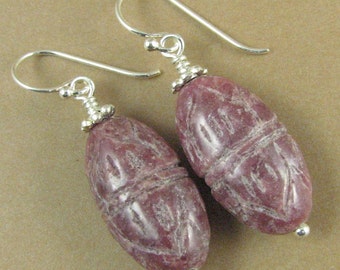 Rhodonite carved earrings. Dusty pink / mauve. Tibetan. Sterling silver 925.