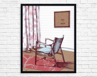 Mid Century Chair Print - Wall Art - Digital Print - Chair Art - Illustrated Chair - Midcentury Modern Art - Scandanavian Style