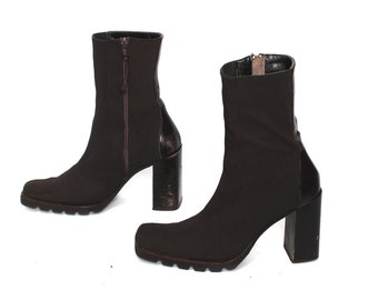 size 8.5 PLATFORM brown leather 80s 90s CHELSEA zip up high heel GRUNGE ankle boots