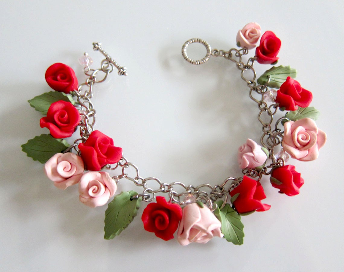 Rose Charm Bracelet Handmade Polymer Clay Rose Bracelet Red