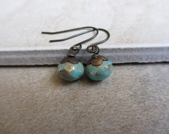 Small Green Earrings, Czech Glass, Antiqued Brass, Rondelle, Lightweight Earrings, Irisjewelrydesign
