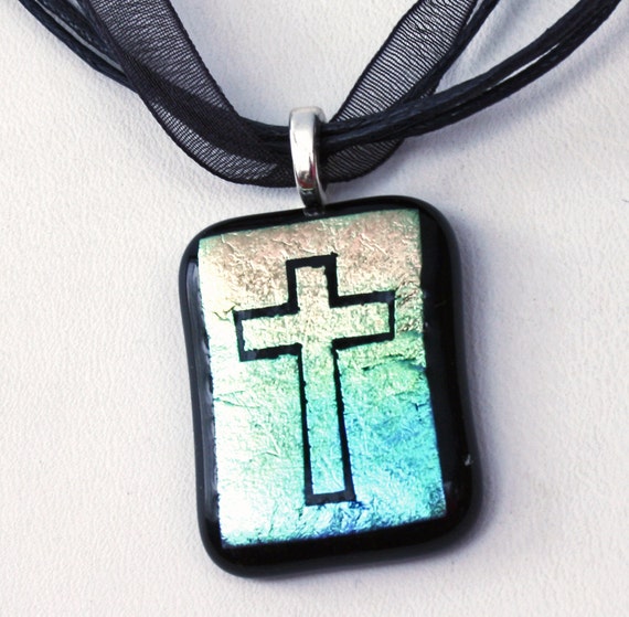 Cross Pendant Necklace, Etched Dichroic Fused Glass, Handmade in USA, Religious Gift, Christian Cross