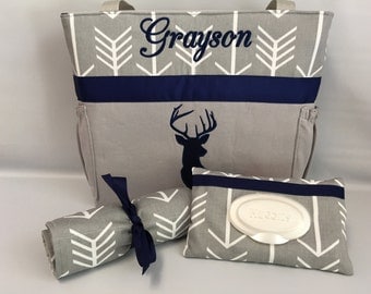 ARROWS and DEER ... Diaper Bag .. Changing Pad ... WIPE Cover Set ... Gray and Navy