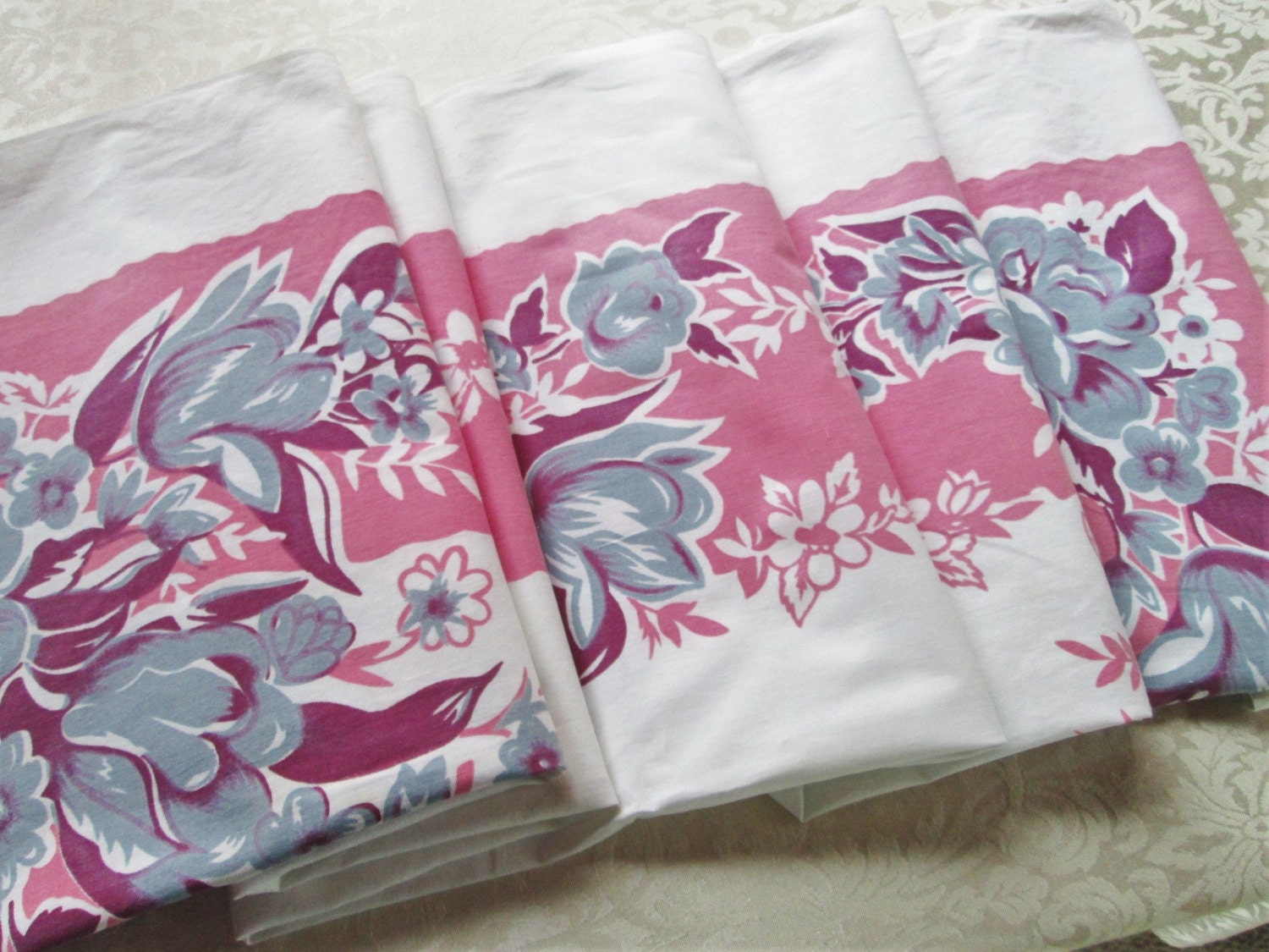 RESERVED Vintage Tablecloth Pink Purple Floral Tulips Kitchen