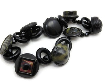 Vintage Button Bracelet - Hard Rubber, Metal, Celluloid, Black Glass