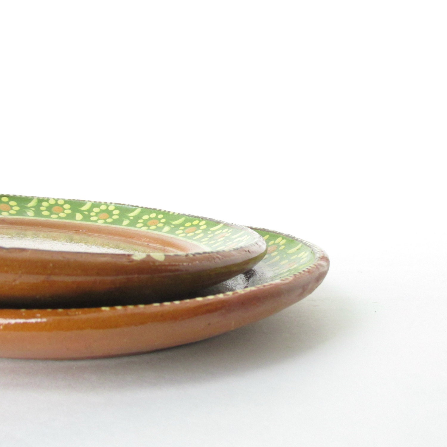 Vintage Set of 2 Mexican Pottery Hand painted Terra Cotta Salad Plates